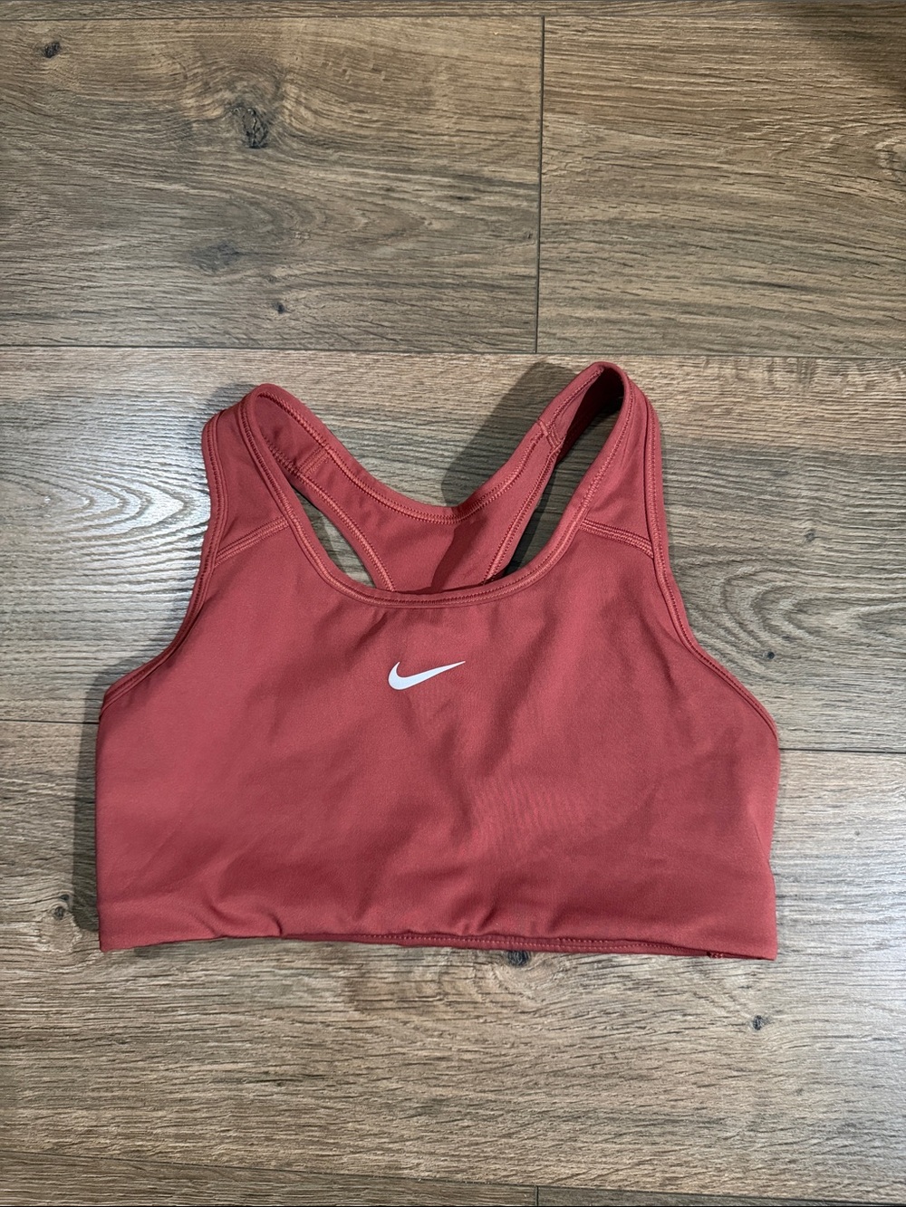 Nike Red/Rust Racerback Sports Bra with White Swoosh size small